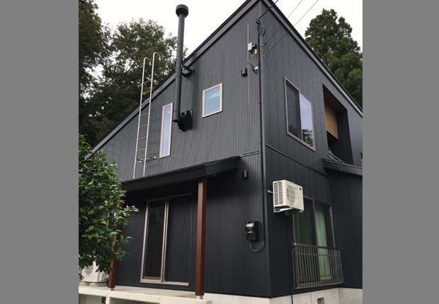 落雪式住宅の屋根への梯子がある外観